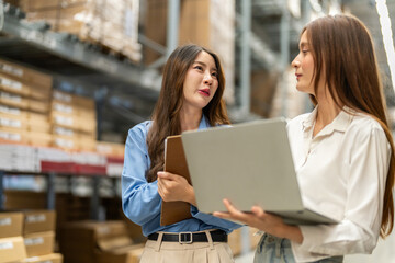 Female engineers team discussing inventory in warehouse logistics and supply chain planning, operation management, data analysis, warehouse shipping, inventory tracking, optimization and technology