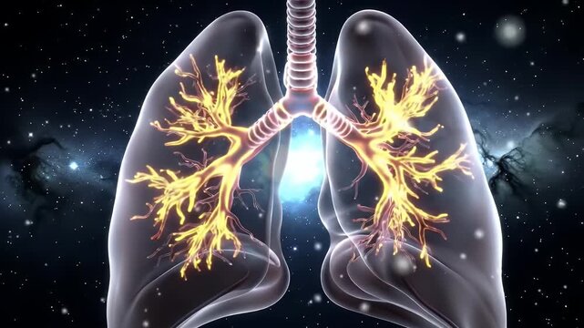 Detailed 3D Animation of Human Lungs with Illuminated Bronchi Against a Sparkling Starfield Perfect for Medical Visualizations and Educational Content Emphasizing Respiratory Health and Human Biology