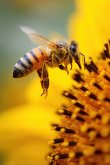 Macro of honeybee pollinating sunflower