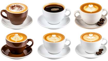 Coffee cup and mug collection in PNG format, including coffee, cappuccino, and mug designs, all isolated on a transparent background.
