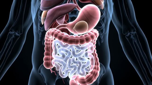 Detailed 3D Animation of the Human Digestive System Featuring Essential Organs Set Against a Blue-Toned Skeletal Backdrop for Medical and Educational Purposes Illustration and Presentation