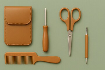 Caramel Tools and Accessories Arranged on Light Green Background.