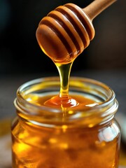 Golden honey dripping from a wooden dipper into a glass jar, closeup shot