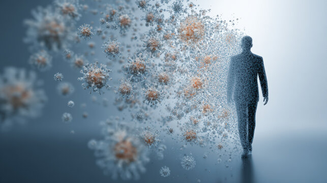 Immune suppression concept human silhouette with dim face particles virus swarm health risk medical abstract gray moody contagion - Powered by Adobe