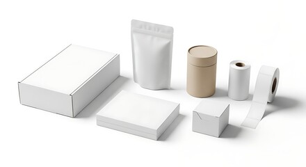 Clean product packaging mockups displayed on a crisp white surface for branding options.