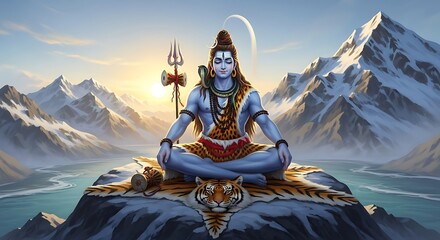 Fototapeta premium Lord Shiva Meditating Himalayas Spiritual Divine Mahadev Yoga Hindu God