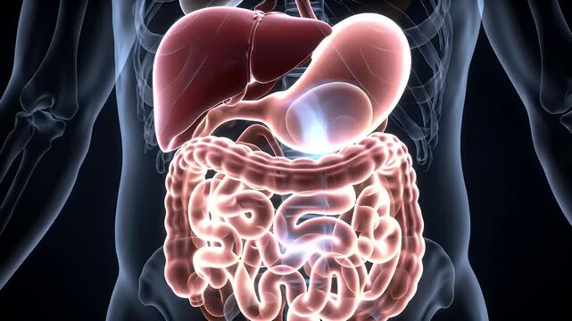 Detailed 3D Animation Showcasing the Human Digestive System with Illuminated Organs Including The Stomach Liver and Intestines Visible Within a Transparent Torso on Dark Background Medical