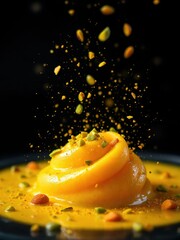 A vibrant swirl of creamy yellow dessert topped with falling pistachios against a dark background