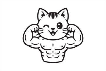 Funny muscular cat mascot flexing biceps cartoon fitness animal vector