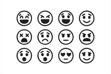 Black and white emoji faces set with emotional expressions for chat and design