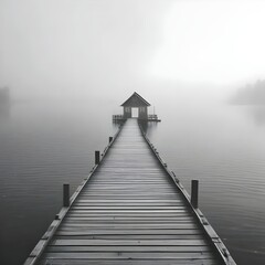 Fototapeta premium Misty Lake House: Serene Tranquility on Pier Perspective