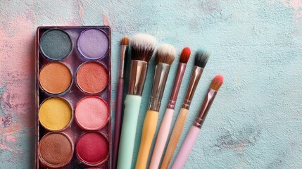 Makeup palette and brushes on textured surface
