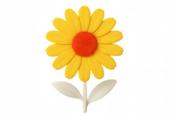 Stylized 3d yellow daisy featuring vibrant orange center, white stem and delicate leaves against transparent backdrop
