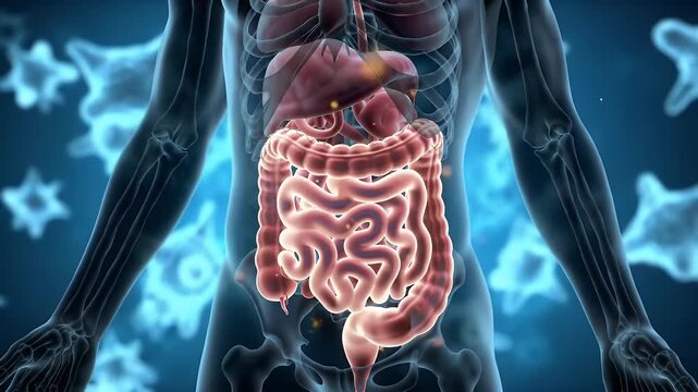Detailed Anatomical Animation of Human Digestive System Featuring Intestines Liver and Internal Organs on Blue Background Ideal for Medical and Educational Purposes