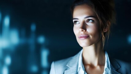 Businesswoman analyzing holographic data dashboard with corporate innovation lighting - Powered by Adobe