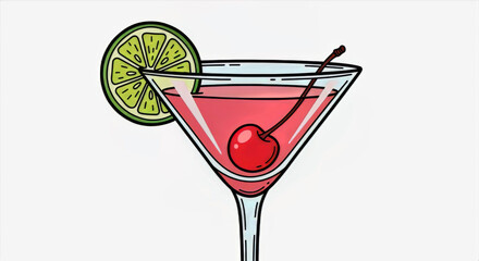 A pink cocktail with a cherry and lime garnish in a clear glass on a white background simple illustration