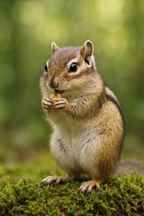 Obraz premium Cute Chipmunk Standing on Moss in Autumn Forest