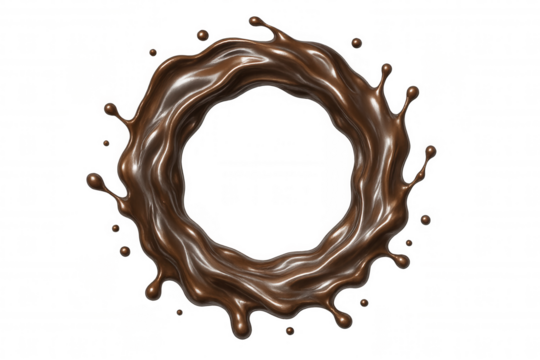 Swirling, circular splash of liquid chocolate forms a dynamic and delicious frame against a transparent background