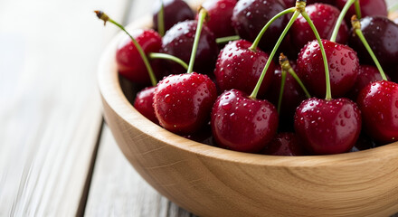 Fresh ripe cherries with water droplets in a wooden bowl