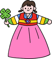 라인드로잉 한복 네잎클로버 들고있는 여자 어린이 추석 설날 명절