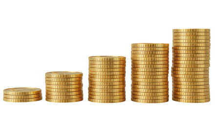 A financial illustration of stacks of gold coins showing growth on a black background in a studio shot