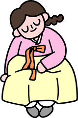 라인드로잉 한복 앉아있는 여자 어린이 추석 설날 명절