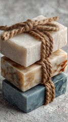 Stacked handmade soaps tied with twine