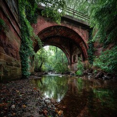 Old red brick arch bridge over a tranquil stream. Lush greenery and foliage