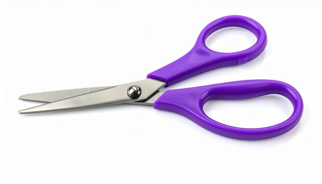 Purple scissors on white background