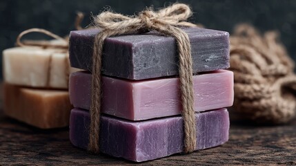Stacked artisanal soaps tied with twine