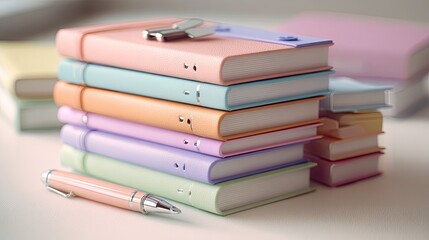 Pastel-colored notebooks stacked high, a pen nearby