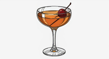 A drawing of a cocktail in a coupe glass with a cherry garnish on a white background providing good contrast