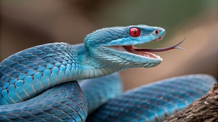 Blue Pit Viper with Red Eyes Coiled Closeup mouth 