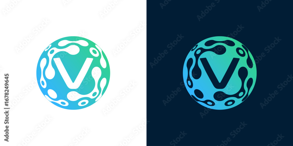 Poster letter v logo design with abstract ball technology digital data connection with green gradient color