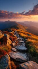 Mountain path at sunset. Autumn colors