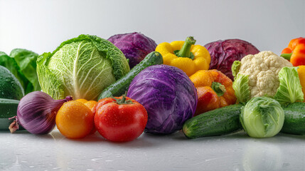 Variety of vibrant, wet vegetables arranged on a white background, creating an appealing image of healthy eating