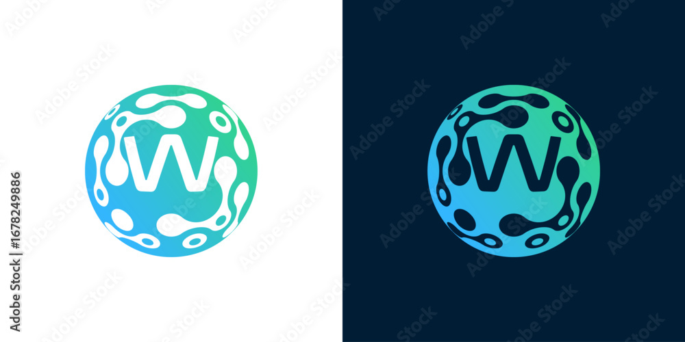 Poster letter w logo design with abstract ball technology digital data connection with green gradient color