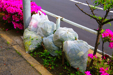Garbage bags placed beside a roadside with flowers in Japan.