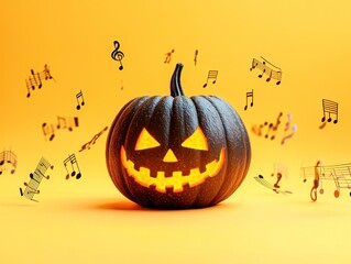Spooky halloween pumpkin with musical notes floating around on an orange background 90 char