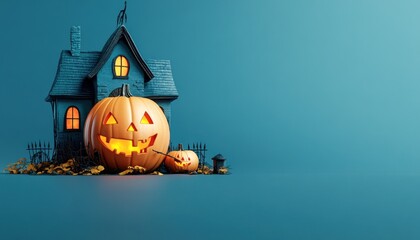 Spooky halloween scene with a haunted house and glowing jack o lanterns on blue background