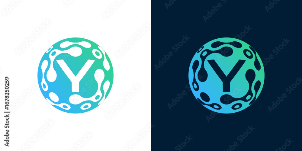 Poster letter y logo design with abstract ball technology digital data connection with green gradient color