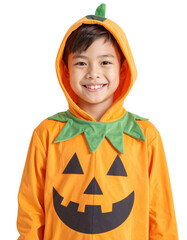 Cheerful Child in a Pumpkin Costume: A smiling child in a festive orange pumpkin costume, radiating joy and embodying the spirit of Halloween. Captured in a clean, vibrant studio shot.