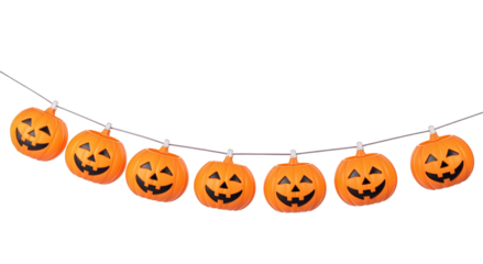 Spooky Pumpkin Garland: A festive garland of carved pumpkins, each with a unique, grinning face, strung together, evoking the spirit of Halloween and the joy of spooky decorations.