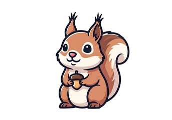 Obraz premium Cute Cartoon Squirrel Holding Acorn on White Background.