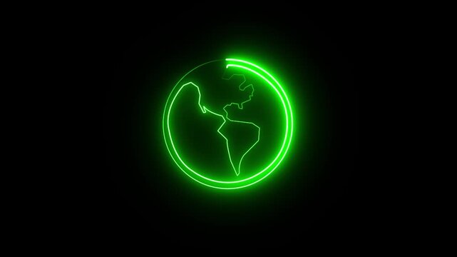 World icon Planet earth map icon neon glowing animation on black , Animation Of Earth, Digital Cyber Globe World 4k video....