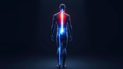 3D medical illustration showing sciatic nerve pain radiating from the lower back to the leg. Used for rehabilitation, physiotherapy, and chronic pain awareness.