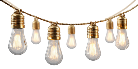 String of Illuminated Light Bulbs with Gold Caps Hanging Against a Transparent Background, PNG