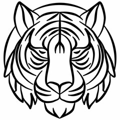 A simplified, bold black and white graphic illustration of a tiger head facing forward, with a detailed design