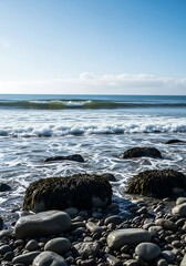Naklejka premium Coastal scene with waves crashing on rocks, bright sunny day.