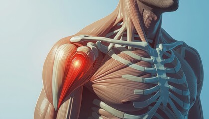 3D view of the shoulder with muscles and tendons; subacromial region highlighted to show impingement and rotator cuff stress. Ideal for orthopedic, sports medicine, and PT content. 